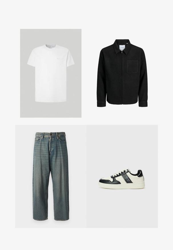 Mustaga lukuga jakker, millel on krae ja üks rinna-tasku, esitatud valgel taustal.; Valge puuvillane T-särk lühikeste varrukatega ja ümar kaelus. Ees on diskreetne logo heledamas toonis. Sile tekstuur, klassikaline lõige.; Heledad sinine denim-stiilis teksad, volüümse lõike, keskmise kõrgusega talje ja sirgete säärega. Omab viit taskut, vöökumme ja nööpide sulgemist.; Nahatud nahkkingad musta ja kreemi värviskeemiga, millel on perforeeritud aktsendid, pehme krae ja tekstureeritud tallad.
