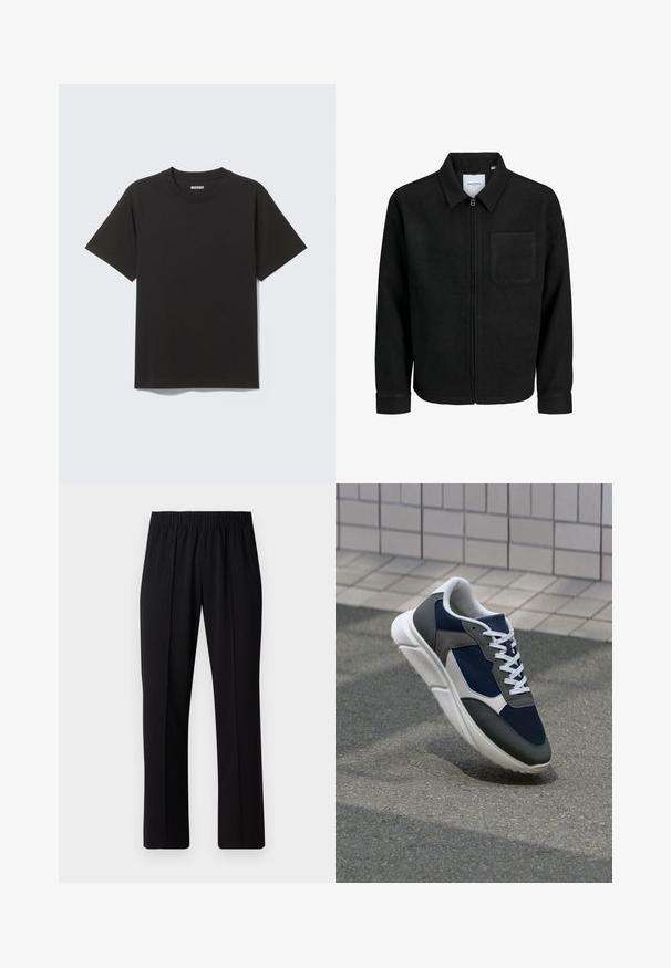 Chaqueta negra con cremallera y cuello, con un solo bolsillo en el pecho, expuesta sobre un fondo blanco.; Camiseta negra de manga corta hecha de algodón suave, con cuello redondo y diseño sencillo sin patrones ni adornos.; Pantalones negros con cintura elástica y diseño de pierna recta, con una textura suave y sin patrones o herrajes visibles.; Zapatillas con una parte superior de malla azul marino, detalles en gamuza gris, suela de goma blanca y cordones blancos planos, diseñadas para la comodidad y transpirabilidad.