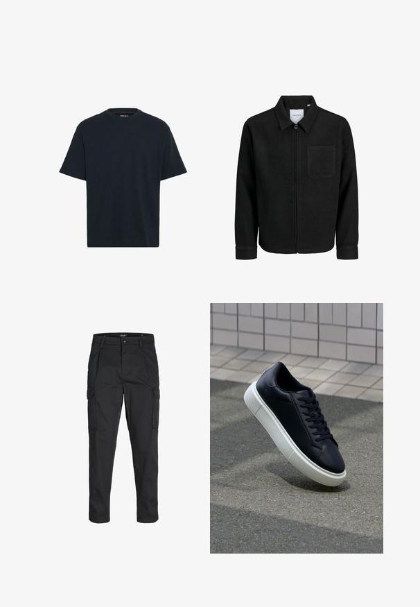 Černá zipová bunda s límečkem a jednou kapsou na hrudi, vystavená na bílém pozadí.; Námořnická modrá bavlněná tričko s kulatým výstřihem, krátkým rukávem a volným střihem. Hladká textura bez viditelných vzorů či akcentů.; Černé cargo kalhoty vyrobené z odolné tkaniny, s mnoha kapsami, knoflíkovým zapínáním a slim fit střihem se zúženými nohavicemi.; Černé kožené tenisky s kulatou špičkou a bílou gumovou podrážkou. mají ploché tkaničky a minimální šití na svršku. Texturovaná podrážka pro lepší přilnavost.