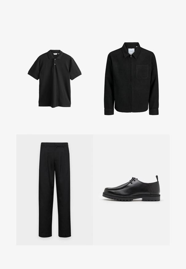 Schwarze Zip-Jacke mit Kragen und einer einzelnen Brusttasche, auf weißem Hintergrund präsentiert.; Schwarzes Poloshirt aus Baumwolle mit kurzen Ärmeln, Dreiknopf-Leiste und einem dezenten Logo auf der Brust. Klassischer Schnitt und schlichtes Design.; Schwarze Hose aus glattem Stoff, mit geradem Bein Design, zwei vorderen Falten und einem Standardbund mit Gürtelschlaufen.; Schwarze Leder-Schnürschuhe mit robustem Sohlenprofil und Zuglasche an der Ferse, von der Seite auf einem weißen Hintergrund gezeigt.