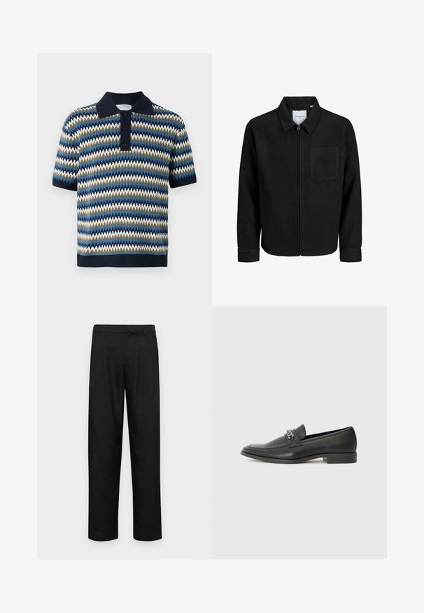 Schwarze Zip-Jacke mit Kragen und einer einzelnen Brusttasche, auf weißem Hintergrund präsentiert.; Kurzärmliges Polo-Shirt mit einem Zickzackmuster in Blau, Grün und Weiß. Verfügt über einen Marinekragen und eine Knopfleiste mit drei Knöpfen. Stricktextur.; Schwarze Hose aus glattem Stoff, mit geradem Bein Design, zwei vorderen Falten und einem Standardbund mit Gürtelschlaufen.; Schwarzer Lederloafer mit glatter Oberfläche, ausgestattet mit einer gesteppten Gestaltung und einem dekorativen Metallkettendetail über dem Vorderblatt. Flacher Absatz.