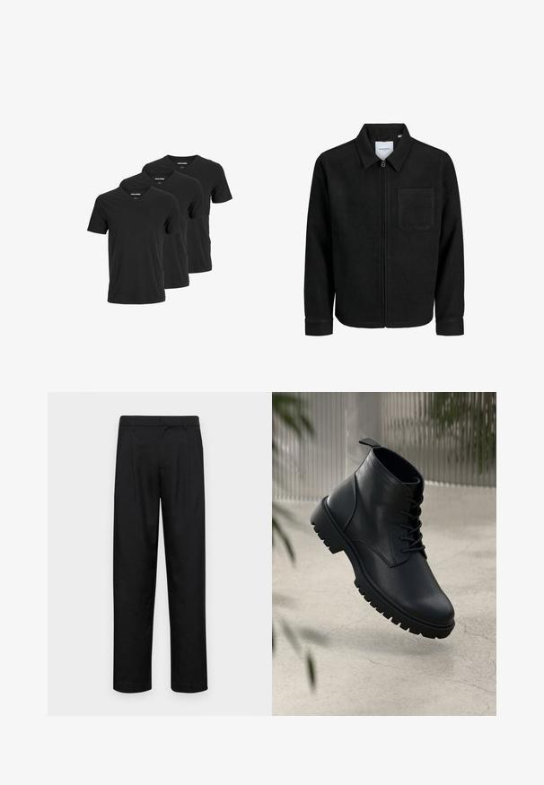 Black zip-up jacket with collar and single chest pocket, displayed on white background.; Black cotton v-neck t-shirts, featuring short sleeves and a regular fit, displayed in a pack of three. Smooth texture, no patterns or accents.; Black trousers made of smooth fabric, featuring a straight-leg design, two front pleats, and standard waistband with belt loops.; Black leather ankle boots with a rounded toe, lace-up design, and rugged rubber sole. Smooth texture with a pull tab at the back.