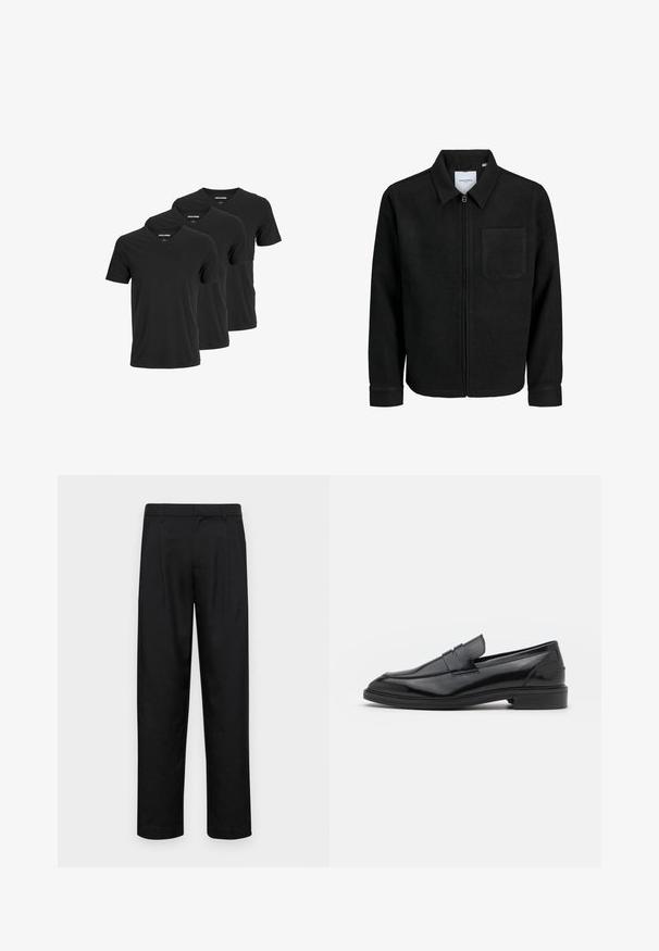 Schwarze Zip-Jacke mit Kragen und einer einzelnen Brusttasche, auf weißem Hintergrund präsentiert.; Schwarze Baumwoll-V-Ausschnitt-T-Shirts mit kurzen Ärmeln und normaler Passform, präsentiert im Dreierpack. Glatte Textur, keine Muster oder Akzente.; Schwarze Hose aus glattem Stoff, mit geradem Bein Design, zwei vorderen Falten und einem Standardbund mit Gürtelschlaufen.; Schwarze Lederloafers mit glatter Oberfläche, runder Spitze und schmalem Riemen über dem Obermaterial. Niedriger, gestapelter Absatz.