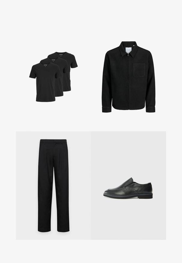 Čierna zipsová bunda s golierom a jednou náprsníkou, vystavená na bielom pozadí.; Čierne bavlnené tričká s výstrihom do V, ktoré majú krátke rukávy a klasický strih, vystavené v balení po troch. Hladká textúra, bez vzorov alebo akcentov.; Čierne nohavice vyrobené z hladkej tkaniny, s rovnými nohavicami, dvoma prednými skladmi a štandardným pásom s pútkami na opasok.; Čierny kožený nazúvací topánka s hladkým zvrškom, prešitými akcentmi, zaoblenou špičkou a nízkym gumovým podpätkom. Podošva má minimálny dezén.