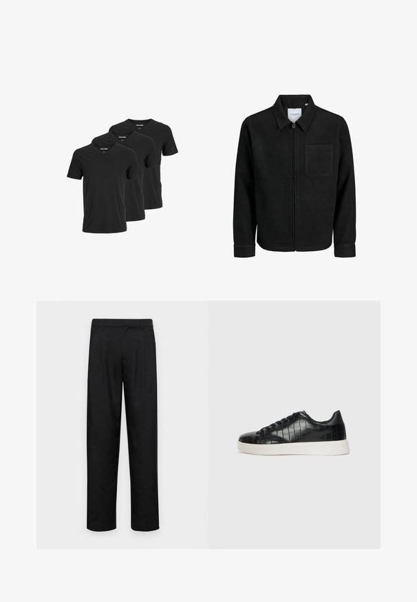 Giacca nera con zip, colletto e una tasca sul petto, mostrata su sfondo bianco.; T-shirt a maniche corte in cotone nero con scollatura a V, disponibili in confezione da tre. Texture liscia, senza modelli o dettagli.; Pantaloni neri realizzati in tessuto liscio, caratterizzati da un taglio dritto, due pieghe frontali e una vita standard con passanti per la cintura.; Sneaker nere con una toma superiore in pelle con effetto croc embossato, punta rotonda e suola in gomma bianca a contrasto con una finitura liscia.