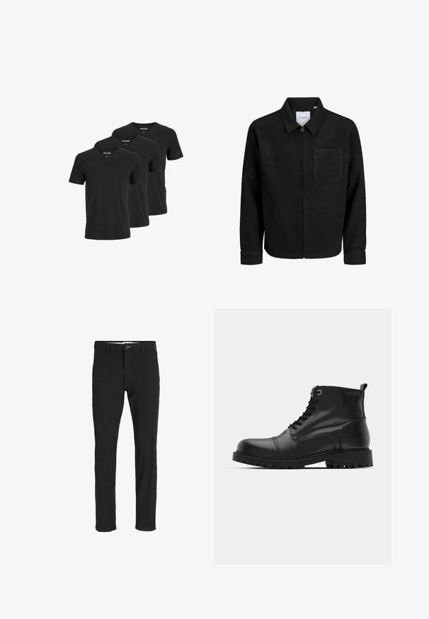 Crna jakna na zip s ovratnikom i jednim džepom na prsima, prikazana na bijeloj pozadini.; Crne pamučne majice s v-izrezom, s kratkim rukavima i regularnim krojem, prikazane u pakiranju od tri komada. Glatka tekstura, bez uzoraka ili akcenata.; Crne hlače od pamuka sa slim fit krojem, s kopčanjem na dugme, džepovima i zavrnutim rukavima za ležeran izgled.; Crne kožne gležnjače s okruglim nosom, s čipkastim dizajnom, kontrastnim sivozelenim rupicama za vezivanje i robusnom gumom potplatom. Glatka tekstura s minimalnim naglasima.