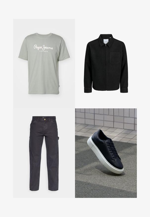 Černá zipová bunda s límečkem a jednou kapsou na hrudi, vystavená na bílém pozadí.; Světle zelené bavlněné tričko s kulatým výstřihem a krátkými rukávy, na přední straně s bílým vyšitým textem "Pepe Jeans LONDON".; Tmavě šedé cargo kalhoty vyrobené z odolné látky, s rovnými nohavicemi, pěti kapsami a knoflíkovým zapínáním v pase.; Černé kožené tenisky s kulatou špičkou a bílou gumovou podrážkou. mají ploché tkaničky a minimální šití na svršku. Texturovaná podrážka pro lepší přilnavost.
