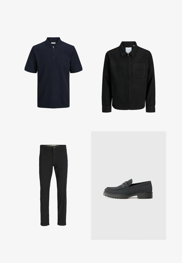 Crna jakna na zip s ovratnikom i jednim džepom na prsima, prikazana na bijeloj pozadini.; Mornarska polo majica kratkih rukava, teksturirana tkanina, ovratnik i polu-zip. Ima mali logotip na lijevoj strani prsiju.; Crne hlače od pamuka sa slim fit krojem, s kopčanjem na dugme, džepovima i zavrnutim rukavima za ležeran izgled.; Crna loafer cipela s glatkom, mat završnom obradom, koja ima zaobljen vrh i debeli, teksturirani đon. Naglašena prednjim remenom.
