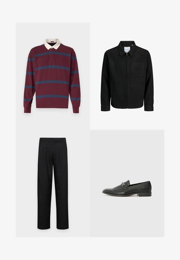 Schwarze Zip-Jacke mit Kragen und einer einzelnen Brusttasche, auf weißem Hintergrund präsentiert.; Langärmliges Poloshirt in Bordeaux mit marineblauen und hellblauen Streifen, ausgestattet mit einem kontrastierenden weißen Kragen und einer Knopfleiste mit zwei Knöpfen.; Schwarze Hose aus glattem Stoff, mit geradem Bein Design, zwei vorderen Falten und einem Standardbund mit Gürtelschlaufen.; Schwarzer Lederloafer mit glatter Oberfläche, ausgestattet mit einer gesteppten Gestaltung und einem dekorativen Metallkettendetail über dem Vorderblatt. Flacher Absatz.