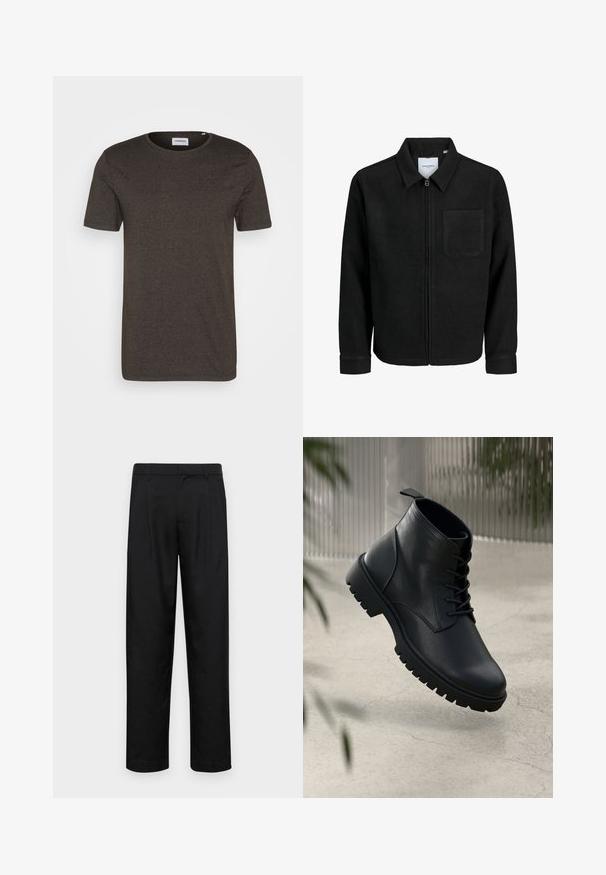 Mustaga lukuga jakker, millel on krae ja üks rinna-tasku, esitatud valgel taustal.; Tumedast roheline lühikeste varrukatega t-särk, ümar kaelus, sile tekstuur, ilma mustrite või aktsentideta, lihtne disain, sobib igapäevaseks kandmiseks.; Mustad mustadest riietest, millel on sirge jalgade disain, kaks eesmist voltimist ja tavaline vöökoht, millel on vöökohad.; Mustad mustad nahast ankle saapad, ümmarguse nina, nööbidest sulgemise ja robustse kummitald. Sile tekstuur ja tõmbetab tagaküljel.