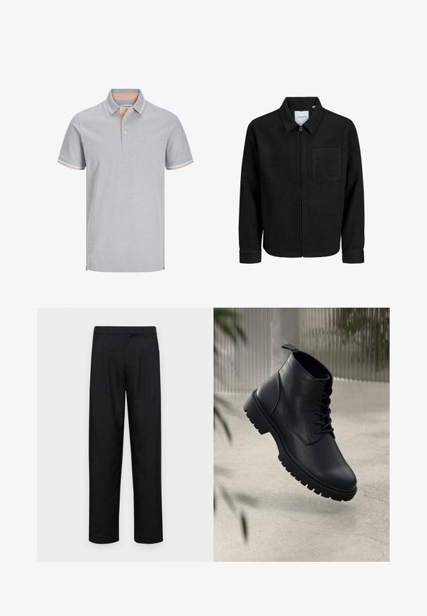 Črna jakna z zadrgo in ovratnikom ter enim žepom na prsih, prikazana na beli podlagi.; Svetlo siva polosrajca s ovratnikom, dvema gumboma in kontrastnimi breskevasto obarvanimi črtami na ovratniku in rokavih. Preprost logotip kot dodatek.; Črne hlače iz gladkega materiala, s krojem ravne noge, dvema sprednjima pregiboma in standardnim pasom z zankami za pas.; Črne usnjene gležnjarje z zaobljenim nosom, s vezalkami in trdim gumijastim podplatom. Gladka tekstura z zanko na hrbtni strani.