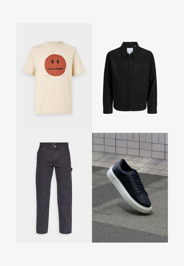 Juodas džemperis su užtrauktuku, apykakle ir vienu krūtiniu kišenėje, pristatytas baltame fone.; Bežinė medvilnės t-tankų marškinėliai su dideliu raudonu apvaliu grafiku, turinčiu neutralų veido išraišką, trumpomis rankovėmis ir apvaliu iškirpimu.; Tamsiai pilkos krovininės kelnės, pagamintos iš patvarios medžiagos, su tiesaus kirpimo, penkiomis kišenėmis ir mygtukiniu užtrauktuku liemens srityje.; Juodas odinis sportbačius su apvaliu pirštu ir baltu gumuotu padu. Turi plokščias raišteles ir minimalų siuvimą viršuje. Padangos tekstūra užtikrina sukibimą.