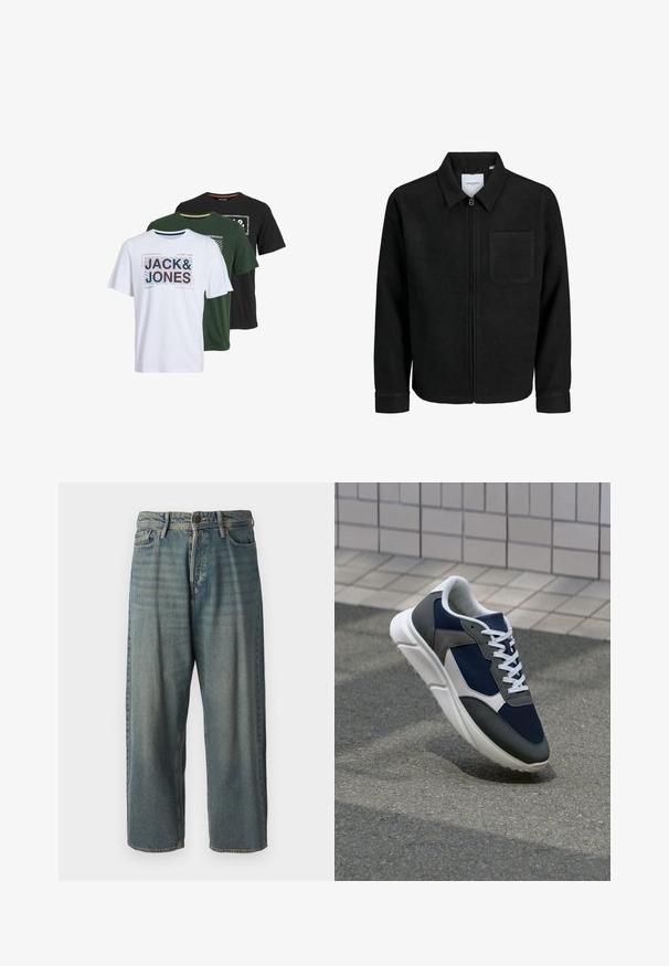 Čierna zipsová bunda s golierom a jednou náprsníkou, vystavená na bielom pozadí.; Tričko s krátkym rukávom v bielej, zelenej a čiernej farbe, s grafickými potlačami a textom "JACK & JONES" v rôznych štýloch a farbách.; Svetlomodré denimové nohavice so voľným strihom, stredne vysokým pásom a rovnými nohavicami. Obsahujú päť vreciek, pútka na opasok a zapínanie na gombík.; Tenisky s sieťovinou v námorníckej modrej farbe, so sivými semišovými detailmi, bielou gumovou podrážkou a plochými bielymi šnúrkami, navrhnuté pre pohodlie a priedušnosť.
