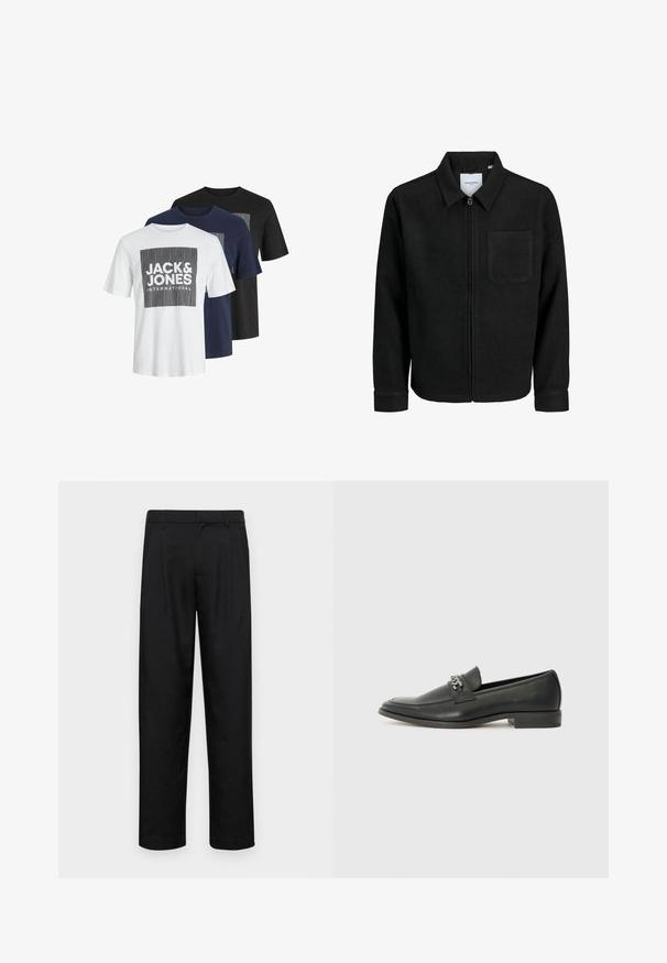 Melna jaka ar rāvējslēdzēju un apkakli, vienu krūšu kabatu, parādīta uz baltas fona.; Trīs īsām piedurknēm T-krekli baltā, tumši zilā un melnā krāsā. Katrs no tiem ir ar kvadrātveida grafisko dizainu, kurā ir uzraksts "JACK & JONES" treknrakstā.; Melnas bikses, izgatavotas no gludas auduma, ar taisnu kāju dizainu, divām priekšējām krokām un standarta jostu, kurai ir āķi.; Melna ādas loafer izmēra apavi ar gludu virsmu, piedāvā ar šūtu dizainu un dekoratīvu metāla ķēdes akcentu pār vampu. Plakana papēža daļa.
