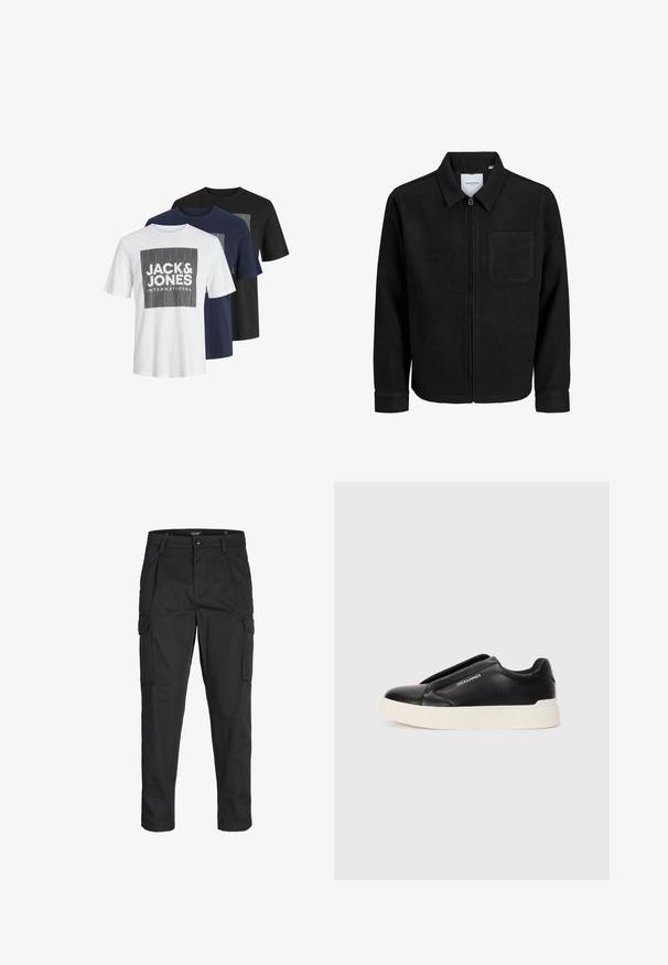 Čierna zipsová bunda s golierom a jednou náprsníkou, vystavená na bielom pozadí.; Tričko s krátkym rukávom v bielej, námorníckej a čiernej farbe. Každé má hranatý grafický dizajn s textom "JACK & JONES" v tučnom písmene.; Čierne cargo nohavice z odolnej látky, s viacerými vreckami, gombíkovým zapínaním a úzkym strihom so zúženými nohavicami.; Čierne tenisky na gumenú podrážku so štruktúrovaným koženým vrchom, biela gumová podrážka a žiadne viditeľné šnúrky. Na boku sa nachádza logo značky.