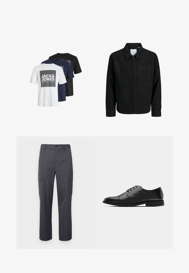 Jachetă neagră cu fermoar, cu guler și un singur buzunar pe piept, expusă pe fundal alb.; Trei tricouri cu mânecă scurtă, în alb, bleumarin și negru. Fiecare are un design grafic pătrat cu textul "JACK & JONES" în bold.; Pantaloni cargo gri cărbune din material neted, cu un design drept, două buzunare laterale și închidere cu nasture la talie.; Pantofii negri din piele, cu vârful rotunjit, design cu șireturi, detalii de cusătură subtile și toc joasă. Textura netedă cu un finisaj lustruit.