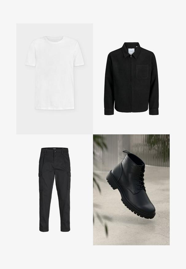 Giacca nera con zip, colletto e una tasca sul petto, mostrata su sfondo bianco.; Maglietta bianca in cotone con maniche corte, scollo tondo e texture morbida. Nessun motivo o grafica presente. Design semplice e classico.; Pantaloni cargo neri realizzati in un tessuto resistente, dotati di molteplici tasche, chiusura con bottone e un design aderente con gambe affusolate.; Stivali alla caviglia in pelle nera con punta arrotondata, design con lacci e suola in gomma robusta. Texture liscia con una linguetta sul retro.