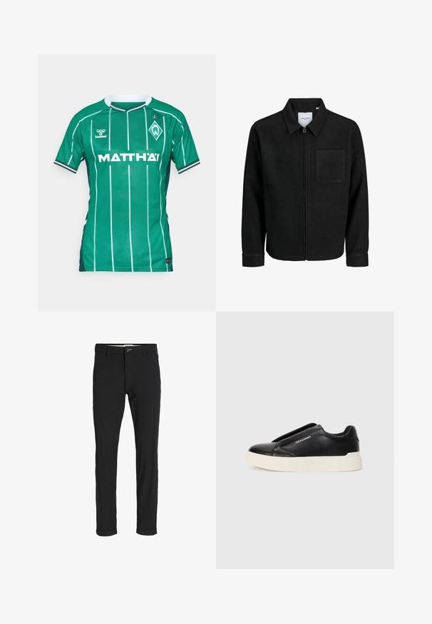 Svart zip-jacka med krage och en enda bröstficka, visad på vit bakgrund.; Grön fotbollströja med vertikala vita ränder, rund hals och korta ärmar. Har märket "MATTH'AI" och en klubblänk.; Svarta bomullsblandade byxor med en smal passform, med knappstängning, fickor och uppvikta fållar för en avslappnad stil.; Svart slip-on sneakers med texturerat läderöverkänsliga, vit gummisula och utan synliga snören. Har varumärkeslogotyp på sidan.