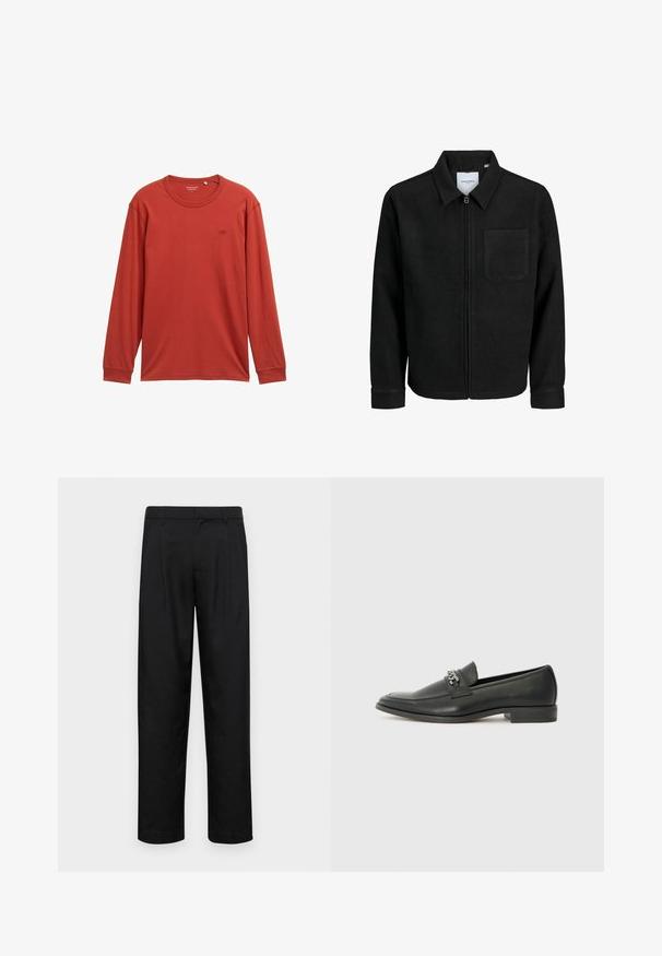 Melna jaka ar rāvējslēdzēju un apkakli, vienu krūšu kabatu, parādīta uz baltas fona.; Garā piedurkne t-krekls bālā sarkanā krāsā, izgatavots no mīksta auduma. Ar apaļu kakla izgriezumu un mazu logo uz krūtīm. Regulāra piegriezuma.; Melnas bikses, izgatavotas no gludas auduma, ar taisnu kāju dizainu, divām priekšējām krokām un standarta jostu, kurai ir āķi.; Melna ādas loafer izmēra apavi ar gludu virsmu, piedāvā ar šūtu dizainu un dekoratīvu metāla ķēdes akcentu pār vampu. Plakana papēža daļa.