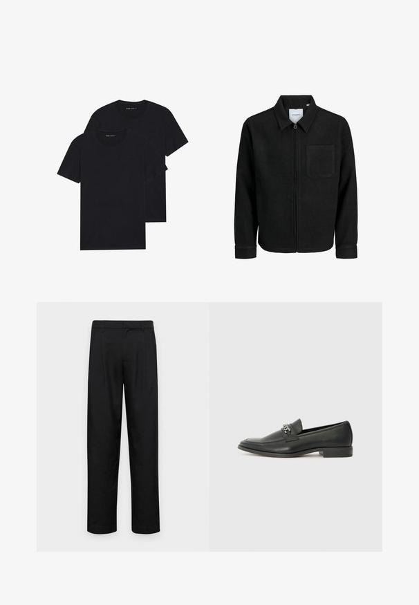 Chaqueta negra con cremallera y cuello, con un solo bolsillo en el pecho, expuesta sobre un fondo blanco.; Dos camisetas de cuello redondo negras apiladas. Hechas de algodón suave, de mangas cortas, con un diseño simple y sin patrones ni adornos visibles.; Pantalones negros de tela suave, con un diseño de pierna recta, dos pliegues frontales y una cintura estándar con trabillas para el cinturón.; Mocasín de cuero negro con un acabado suave, que cuenta con un diseño de costura y un acento decorativo de cadena de metal en el empeine. Tacón plano.