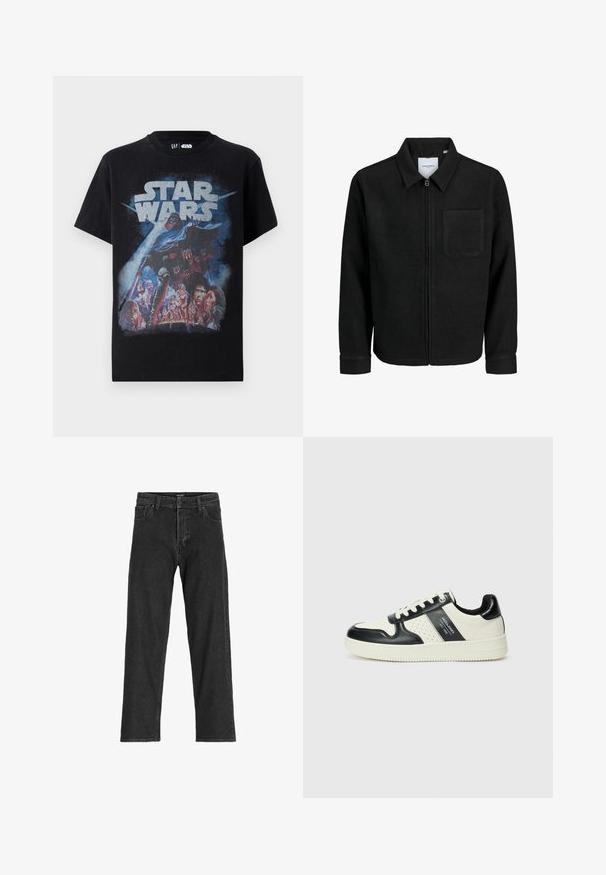 Black zip-up jacket with collar and single chest pocket, displayed on white background.; Black cotton t-shirt featuring a colorful "Star Wars" graphic print, showcasing Darth Vader and various characters against a space backdrop.; Black denim jeans with a straight leg design, featuring a zip fly, belt loops, and six pockets, made from a sturdy cotton blend fabric.; Leather sneakers with a black and cream color scheme, featuring perforated accents, a padded collar, and a textured outsole.