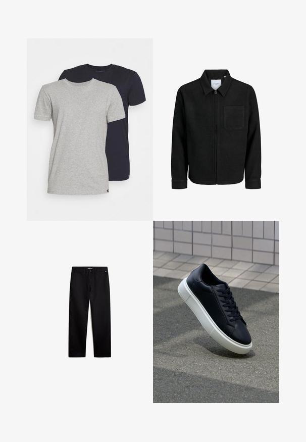 Czarna kurtka z zamkiem na całej długości, z kołnierzem i jedną kieszenią na piersi, umieszczona na białym tle.; Dwie koszulki z okrągłym dekoltem: jedna w kolorze heather gray, druga w kolorze granatowym. Obie mają krótkie rękawy, wykonane są z bawełnianego materiału o gładkiej fakturze i standardowym kroju.; Czarne bawełniane spodnie o prostym kroju, z zamkiem błyskawicznym i kieszeniami z przodu. Gładka faktura, brak widocznych wzorów i minimalna ilość elementów metalowych.; Czarne skórzane sneakersy z okrągłym noskiem i białą gumową podeszwą. Posiadają płaskie sznurowadła i minimalne przeszycia na cholewce. Teksturowana podeszwa zapewnia przyczepność.