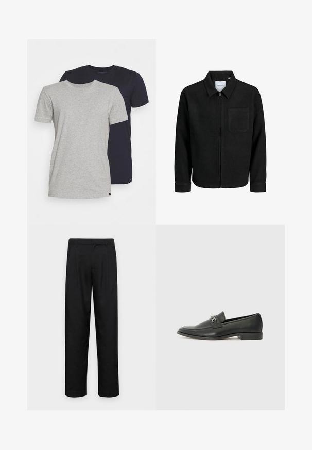 Sort lynlåsjakke med krave og en enkelt brystlomme, vist på hvid baggrund.; To crew-neck T-shirts: en heather grå og en navy blå. Begge er kortærmede, lavet af bomuldsmateriale med en glat tekstur og standard pasform.; Sorte bukser lavet af glat stof, med et lige ben-design, to frontfolder og en standard talje med bæltestropper.; Sorte læder loafers med en glat finish, der har et syet design og et dekorativt metal kædeaccent hen over vamps. Flad hæl.