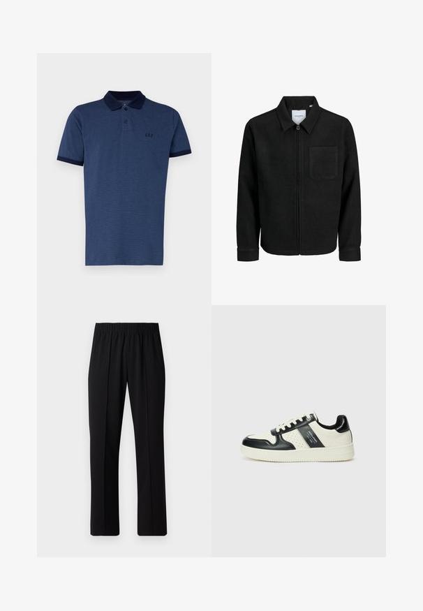 Fekete, zipzáros dzseki gallérral és egyetlen mellzsebbel, fehér háttéren.; GAP LOGO - Pólóing - blue; Fekete, gumíros derekú nadrág egyenes szabással, sima felülettel, látható minták vagy fémrészek nélkül.; Fekete és krém színű bőrsneaker, perforált díszítésekkel, párnázott bokapánttal és texturált talppal.