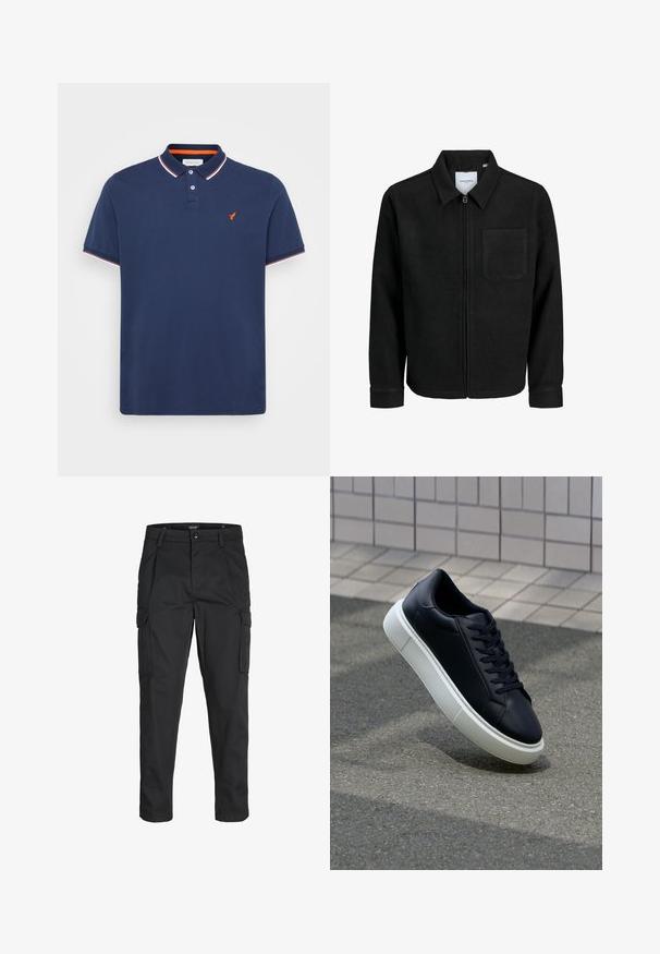 Giacca nera con zip, colletto e una tasca sul petto, mostrata su sfondo bianco.; Polo di colore blu navale in cotone, con apertura a due bottoni, maniche corte e rifinitura del colletto a contrasto rossa e bianca. Presenta un piccolo logo arancione.; Pantaloni cargo neri realizzati in un tessuto resistente, dotati di molteplici tasche, chiusura con bottone e un design aderente con gambe affusolate.; Sneaker in pelle nera con punta arrotondata e suola in gomma bianca. Presenta lacci piatti e cuciture minime sulla parte superiore. Suola testurizzata per una migliore aderenza.