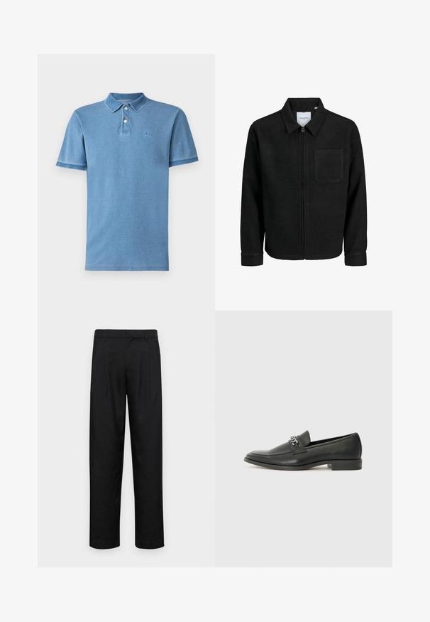 Fekete, zipzáros dzseki gallérral és egyetlen mellzsebbel, fehér háttéren.; GAP LOGO - Pólóing - light indigo; Fekete nadrág sima anyagból, egyenes szárú fazonnal, két elülső redővel és közönséges derékkal, övhurkokkal.; Fekete bőr loaferek sima felülettel, varrott mintával és díszítő fém lánccal a cipő elején. Lapos sarok.
