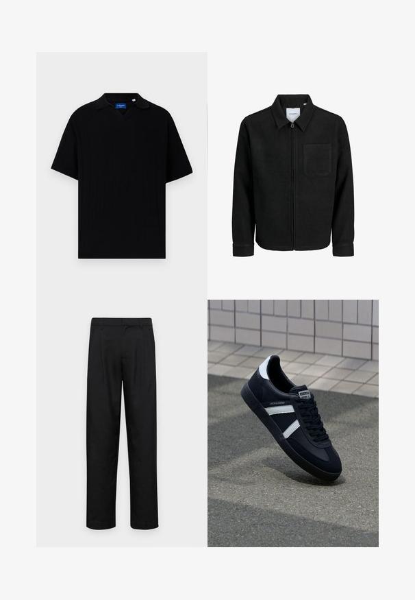 Zwarte zip-up jas met kraag en enkele borstzak, weergegeven op een witte achtergrond.; Zwarte polo met korte mouwen en een V-hals, met een geribbelde textuur en subtiele verticale strepen. Label in het nekgebied.; Zwarte broeken van gladde stof, met een recht model, twee voorknikken en een standaard tailleband met riemlussen.; Zwarte leren sneaker met witte strepen, een gestructureerde rubberen zool en vetersluiting aan de voorkant. Voorzien van een merklabel op de tong.