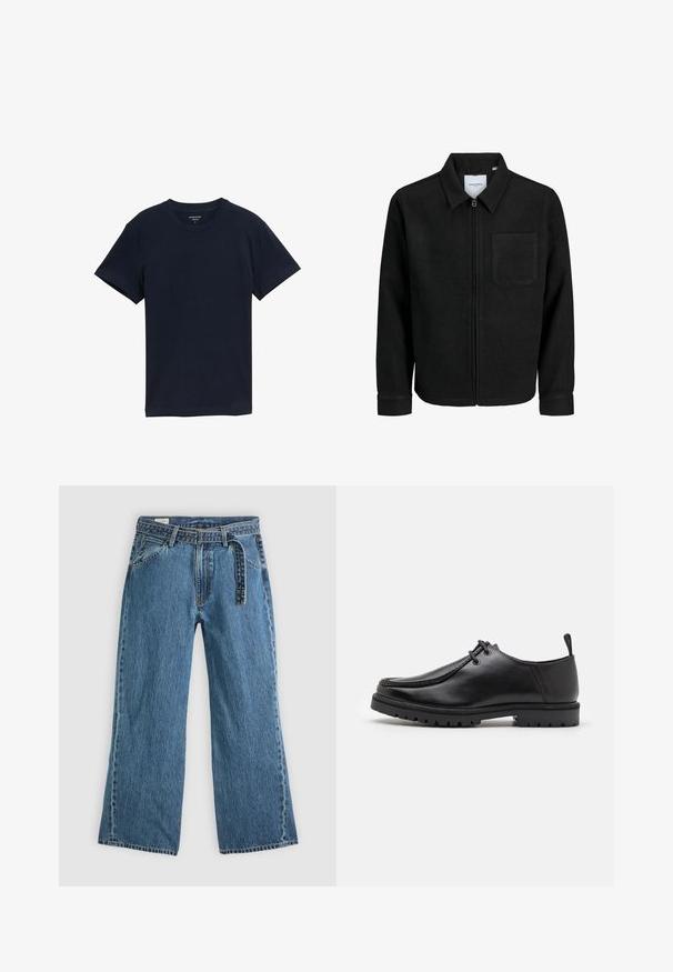 Juodas džemperis su užtrauktuku, apykakle ir vienu krūtiniu kišenėje, pristatytas baltame fone.; Tamsiai mėlynas medvilninis marškinėliai, trumpomis rankovėmis, apvaliu kaklu, glotnia tekstūra, paprastas dizainas, be raštų ar akcentų, tiesus apačios kraštas.; Mėlyni džinsiniai plačių kojų džinsai su prijungtu diržu, priekinėmis kišenėmis ir matomomis siūlėmis ant vientiso šviesaus fono.; Juodas odinis batų modelis su raišteliais, turintis tvirtą padą ir tempimo kilpelę kulno srityje, pavaizduotas iš šono ant baltos fono.