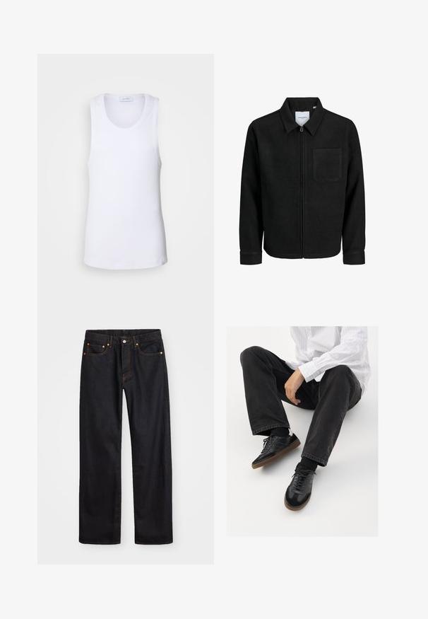 Mustaga lukuga jakker, millel on krae ja üks rinna-tasku, esitatud valgel taustal.; Valge puuvillane tank top, millel on pehme tekstuur, ümar kaelus, varrukateta disain ja sirge alläär. Minimalistlik õmbluse detail.; Meeste sirge jala mustad denim teksad viie taskuga, oranž õmblus, nupu ja tõmblukuga ees nagu vöökoht.; Mustad spordijalatsid siledast ja tekstuurilisest ülemisest osast, millel on kummist tald ja tumedad nöörid. Kombineeritud mustade teksade ja valge triibulise särgiga.