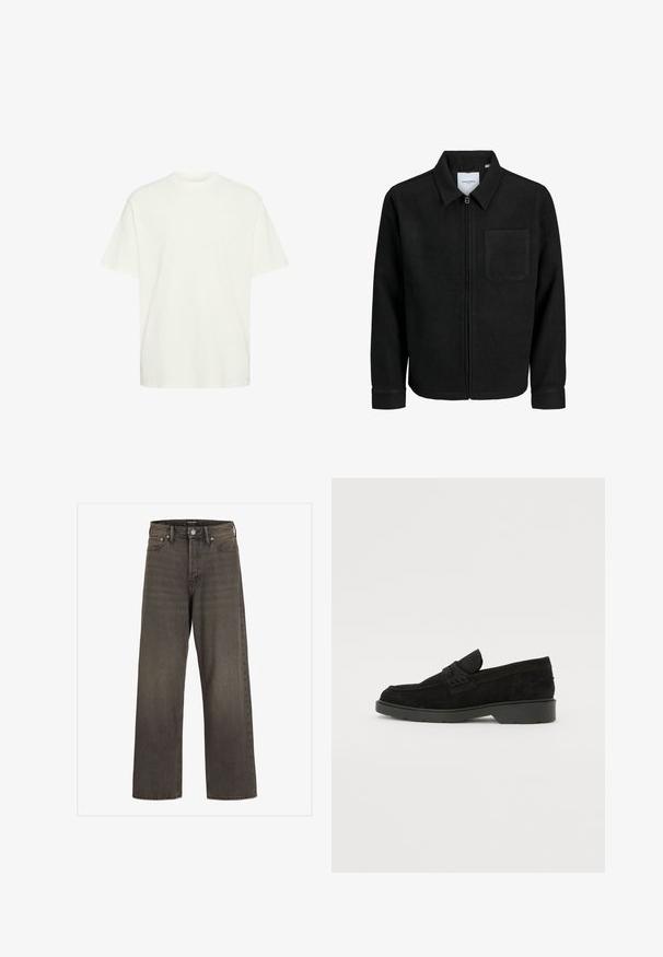 Juodas džemperis su užtrauktuku, apykakle ir vienu krūtiniu kišenėje, pristatytas baltame fone.; Balta medvilninė marškinėliai su laisvu siluetu, apvalia apykakle, trumpomis rankovėmis ir lygiu kraštu, pasižyminti sklandžiu tekstūru ir be matomų raštų.; Plati kojinės džinsai tamsiai pilkos spalvos džinsinio audinio, su aukštu liemeniu, klasikinio penkių kišenių dizainu ir kontrastinga siuvimo linija siūlėse.; Juodos suedes loafers su žemu kulnu, su paprasta juosta viršuje ir tekstūruota apdaila šonuose.