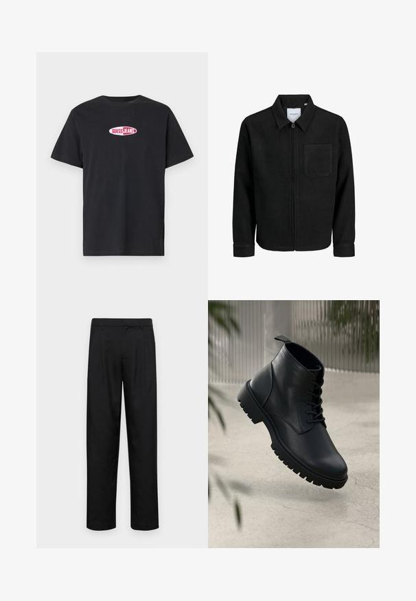 Juodas džemperis su užtrauktuku, apykakle ir vienu krūtiniu kišenėje, pristatytas baltame fone.; Juoda medvilninė trumpomis rankovėmis marškinėliai su balto ovalo formos logotipu, ant kurio raudonomis raidėmis parašyta „GUESS JEANS“ krūtinės srityje.; Juodi kelnių modeliai, pagaminti iš lygios medžiagos, turi tiesią kojas, du priekiniai klostės ir standartinę juosmenį su diržo kilpomis.; Juodi odiniai auliniai batai su apvaliu pirštu, su raišteliais ir tvirtu guminio pado dizainu. Romus paviršius su kilpeliu gale.