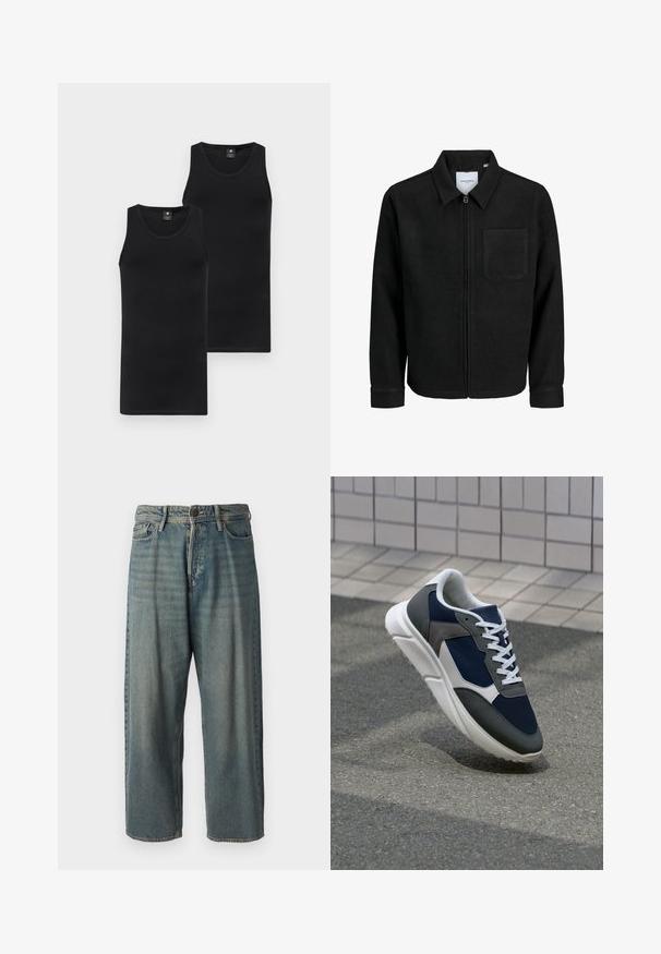 Čierna zipsová bunda s golierom a jednou náprsníkou, vystavená na bielom pozadí.; Dve čierne tielka; priliehavý strih, okrúhly výstrih, hladká textúra, vyrobené z elastického materiálu; obe s diskrétnym logom značky na prednej strane.; Svetlomodré denimové nohavice so voľným strihom, stredne vysokým pásom a rovnými nohavicami. Obsahujú päť vreciek, pútka na opasok a zapínanie na gombík.; Tenisky s sieťovinou v námorníckej modrej farbe, so sivými semišovými detailmi, bielou gumovou podrážkou a plochými bielymi šnúrkami, navrhnuté pre pohodlie a priedušnosť.