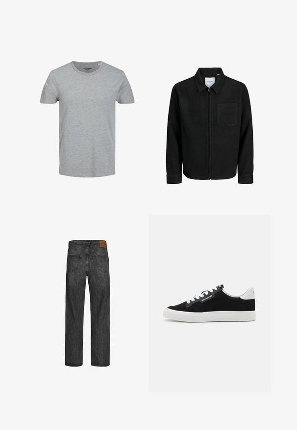 Mustaga lukuga jakker, millel on krae ja üks rinna-tasku, esitatud valgel taustal.; Halli lühikeste varrukatega t-särk, mis on valmistatud pehmest puuvillast. Omab klassikalist ümarat kaelust ja regulaarset lõiget. Lihtne disain, ilma mustrite või aktsentideta.; Mustad denim püksid otse sääre lõikega, viie taskuga stiil ja pruun nahkplekk vöökohtas. Tekstuuriga kangas, millel on õmblusdetailid.; Jack & Jones JFWMORDEN COMBO - Tossud - anthracite