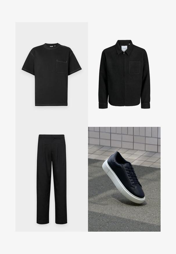 Sort lynlåsjakke med krave og en enkelt brystlomme, vist på hvid baggrund.; Sort T-shirt med korte ærmer lavet af bomuld, med en lomme på venstre bryst, kontrasterende hvid syning og rund halsudskæring.; Sorte bukser lavet af glat stof, med et lige ben-design, to frontfolder og en standard talje med bæltestropper.; Sort lædersneaker med rund tå og hvid gummisål. Har flade snørebånd og minimal syning på overdelen. Tekstureret sål for bedre greb.