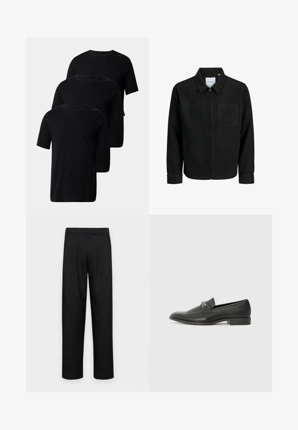 Zwarte zip-up jas met kraag en enkele borstzak, weergegeven op een witte achtergrond.; Drie zwarte katoenen t-shirts met korte mouwen en ronde hals, met een gladde textuur en zonder versieringen.; Zwarte broeken van gladde stof, met een recht model, twee voorknikken en een standaard tailleband met riemlussen.; Zwarte leren instapper met een gladde afwerking, voorzien van een gestikt ontwerp en een decoratieve metalen kettingaccent over de wreef. Platte hak.