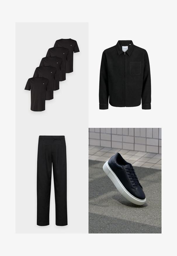 Črna jakna z zadrgo in ovratnikom ter enim žepom na prsih, prikazana na beli podlagi.; Črne bombažne majice s kratkimi rokavi, okroglim ovratnikom in majhnim logotipom na levem prsnem delu, prikazane v kupu petih.; Črne hlače iz gladkega materiala, s krojem ravne noge, dvema sprednjima pregiboma in standardnim pasom z zankami za pas.; Črne usnjene superge z zaobljenim prstom in belim gumijastim podplat. Imajo ravne vezalke in minimalno šivanje na zgornjem delu. Teksturirani podplat za oprijem.