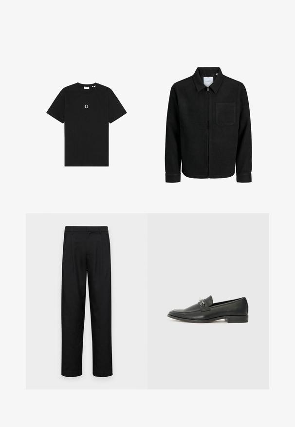 Juodas džemperis su užtrauktuku, apykakle ir vienu krūtiniu kišenėje, pristatytas baltame fone.; Juodas medvilnės marškinėlis su trumpomis rankovėmis ir apvalia iškirpte. Krūtinės centre yra balta užrašyta tekstas "II."; Juodi kelnių modeliai, pagaminti iš lygios medžiagos, turi tiesią kojas, du priekiniai klostės ir standartinę juosmenį su diržo kilpomis.; Juodos odinės loafer tipo bateliai su lygiu paviršiumi, turintys siuvinėtą dizainą ir dekoratyvų metalo grandinėlės akcentą ant batų viršaus. Plokščias kulnas.