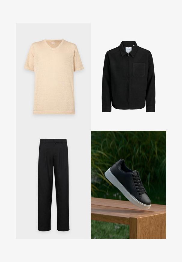 Mustaga lukuga jakker, millel on krae ja üks rinna-tasku, esitatud valgel taustal.; Kerge, tekstureeritud kanga ja lühikeste varrukatega beez V-kaelusega T-särk; omaduseks on mugav lõige ja minimaalsed õmbluse detailid.; Mustad mustadest riietest, millel on sirge jalgade disain, kaks eesmist voltimist ja tavaline vöökoht, millel on vöökohad.; Must värvi nahast tennisekingad siledast materjalist, valge kummist tald ja kuus aukku paelte jaoks, asetatud puidust pinnale.