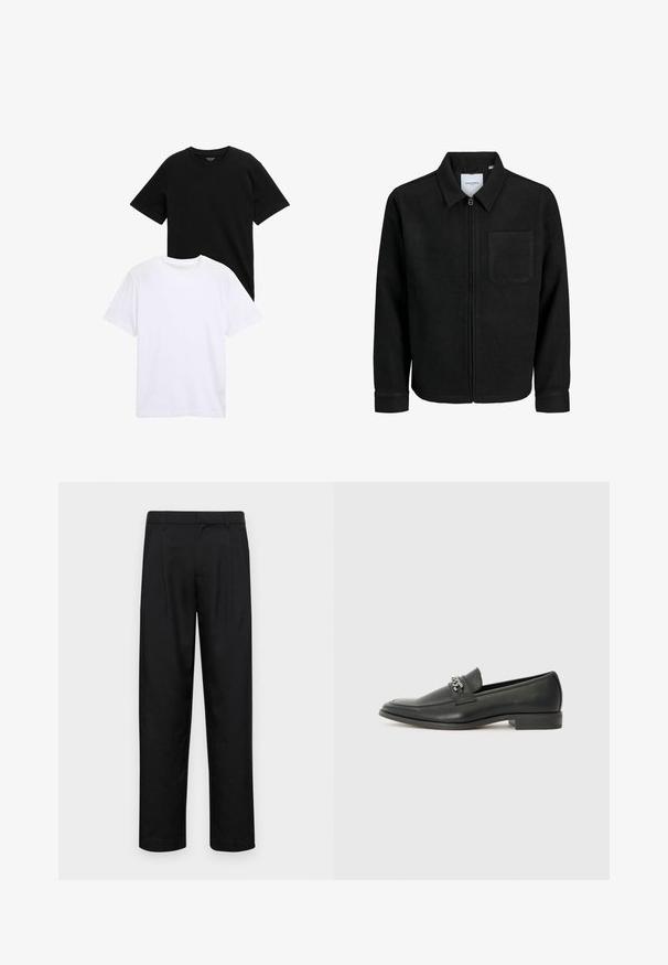 Schwarze Zip-Jacke mit Kragen und einer einzelnen Brusttasche, auf weißem Hintergrund präsentiert.; Kurzärmlige T-Shirts aus schwarzer und weißer Baumwolle, mit Rundhalsausschnitt und einer glatten Textur. Beide Shirts sind übereinander gestapelt präsentiert.; Schwarze Hose aus glattem Stoff, mit geradem Bein Design, zwei vorderen Falten und einem Standardbund mit Gürtelschlaufen.; Schwarzer Lederloafer mit glatter Oberfläche, ausgestattet mit einer gesteppten Gestaltung und einem dekorativen Metallkettendetail über dem Vorderblatt. Flacher Absatz.