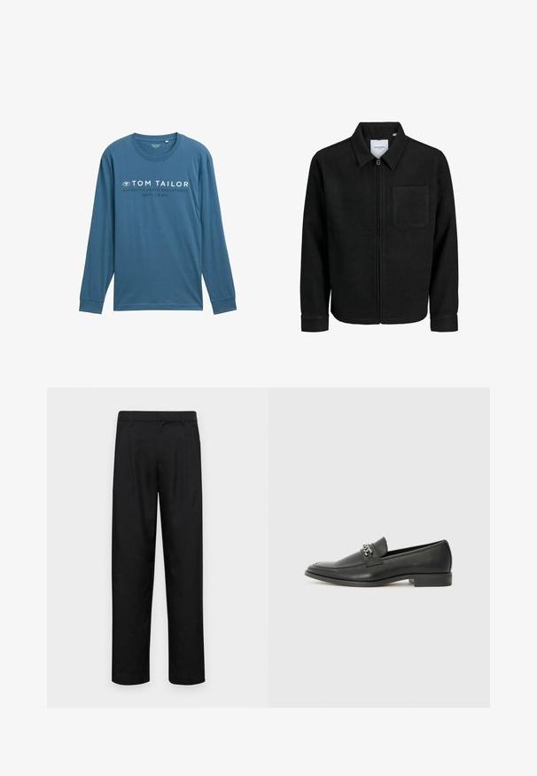 Jachetă neagră cu fermoar, cu guler și un singur buzunar pe piept, expusă pe fundal alb.; Tricou cu mânecă lungă, de culoare teal, fabricat din bumbac moale, cu guler rotund, având text alb care spune "TOM TAILOR AUTHENTIC DENIM DEPARTMENT."; Pantaloni negri dintr-un material neted, cu un design drept, două pliuri frontale și un tiv standard cu bucle pentru curea.; Pantofii negri din piele cu un finisaj neted, având un design cusut și un accent decorativ de lanț metalic peste partea de sus. Toc plat.