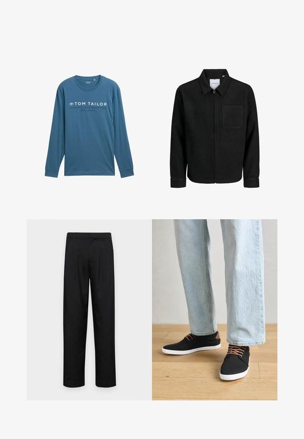 Schwarze Zip-Jacke mit Kragen und einer einzelnen Brusttasche, auf weißem Hintergrund präsentiert.; Langärmliges T-Shirt in Teal aus weicher Baumwolle mit Rundhalsausschnitt, bedruckt mit weißem Text "TOM TAILOR AUTHENTIC DENIM DEPARTMENT."; Schwarze Hose aus glattem Stoff, mit geradem Bein Design, zwei vorderen Falten und einem Standardbund mit Gürtelschlaufen.; Schwarze Leinen-Sneaker mit braunen Akzenten, weißen Gummisohlen und braunen Schnürsenkeln, kombiniert mit hellblauen Straight-Leg-Jeans. Hintergrund mit Holzboden.