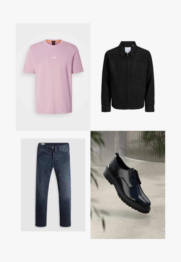 Juodas džemperis su užtrauktuku, apykakle ir vienu krūtiniu kišenėje, pristatytas baltame fone.; BOSS Paprasti marškinėliai - open purple; Tamsiai mėlyni džinsai su tiesiomis kojomis, turintys užtrauktuką, metalinius mygtukus ir vario krovinio akcentus. Lygi tekstūra, be matomų raštų.; Juodas odinis batas su blizgiu paviršiumi, apvalia nosimi, laikantis šniurelių dizainu, kontrastingomis siūlėmis ir storu guma padu su raštuotais protektoriais.
