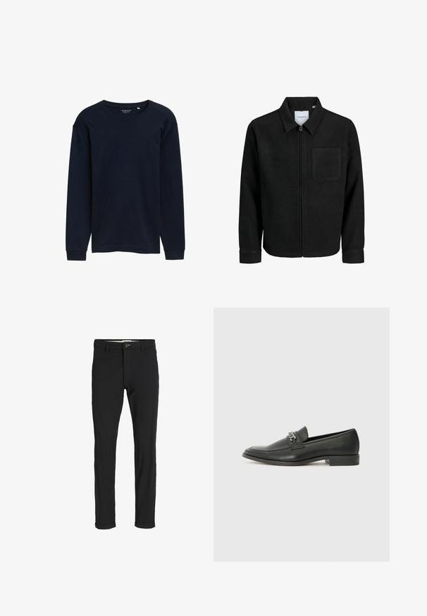 Musta vetoketjullinen takki, jossa on kaulus ja yksi rintatasku, esitelty valkoista taustaa vasten.; Laivansinis pitkähihaisen T-paita pehmeästä kankaasta, jossa on pyöreä pääntie ja resorit hihansuissa. Yksinkertainen, ilman kuvioita tai koristeita.; Mustat puuvillasekoitehousut, joissa on slim fit -leikkaus, napitus, taskut ja käärityt lahkeet rentoa ilmettä varten.; Musta nahkakengät, joissa on sileä pinta, koristeelliset ompeleet ja metalliketjun yksityiskohta kengän päällä. Littee korko.