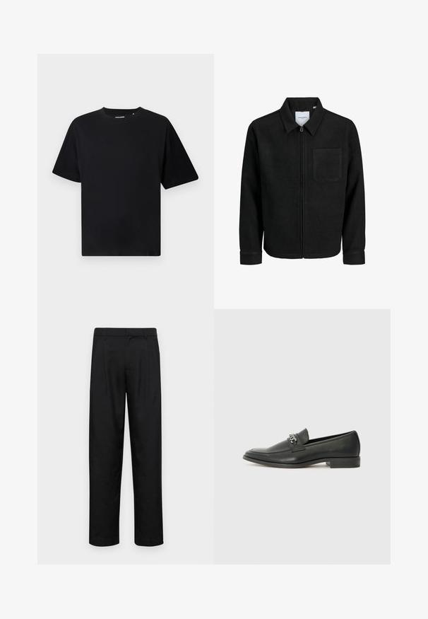 Black zip-up jacket with collar and single chest pocket, displayed on white background.; Black short-sleeve crew neck T-shirt with a relaxed fit, displayed on a white background.; Black trousers made of smooth fabric, featuring a straight-leg design, two front pleats, and standard waistband with belt loops.; Black leather loafer with a smooth finish, featuring a stitched design and a decorative metal chain accent across the vamp. Flat heel.