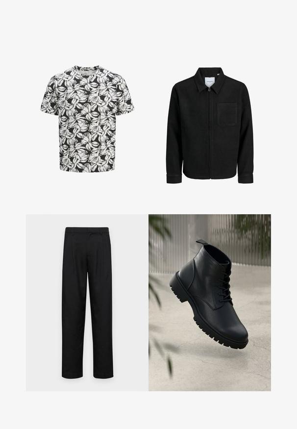 Sort lynlåsjakke med krave og en enkelt brystlomme, vist på hvid baggrund.; Kortærmet t-shirt lavet af blødt stof med en sort baggrund og et hvidt bladmønster over hele. Rund halsudskæring, løs pasform.; Sorte bukser lavet af glat stof, med et lige ben-design, to frontfolder og en standard talje med bæltestropper.; Sorte læder ankelstøvler med rund tå, snørebåndsdesign og robust gummisål. Glat tekstur med en løkke bagpå.