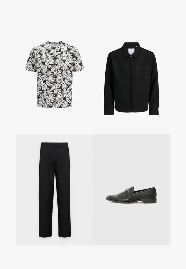 Chaqueta negra con cremallera y cuello, con un solo bolsillo en el pecho, expuesta sobre un fondo blanco.; Camiseta de manga corta hecha de tela suave con un fondo negro y un patrón de hojas blancas en todo su diseño. Cuello redondo, ajuste relajado.; Pantalones negros de tela suave, con un diseño de pierna recta, dos pliegues frontales y una cintura estándar con trabillas para el cinturón.; Mocasín de cuero negro con un acabado suave, que cuenta con un diseño de costura y un acento decorativo de cadena de metal en el empeine. Tacón plano.